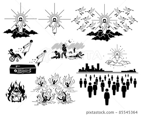 Second Coming and Resurrection in Judgement Day or Final Last Day. Vector illustration depicts Jesus arrival back to Earth to raise and restore all mortal body to life again. 85545364