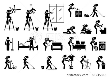 Woman cleaning tidying housekeeping house. Vector illustrations depict girl cleaning and wiping ceiling fan, light, window, furniture, washing toilet, sweeping, vacuum, mopping floor, and laundry. 85545365