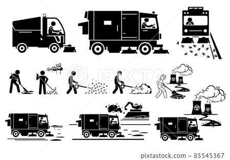 Street sweeper truck and worker collecting dirt, dusty, leaves, toxic waste on road side. Vector illustrations of people sweeping street and road with sweeper truck and other manual work methods. Street sweeper truck and worker collecting dirt, dusty, leaves, toxic waste on road side. Vector illustrations of people sweeping street and road with sweeper truck and other manual work methods. 85545367