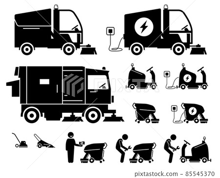 Commercial industrial indoor and outdoor road sweeper truck, street cleaning vehicles, and floor scrubbing machine. Vector illustrations of different type of road sweeper and cleaning vehicle machine. 85545370