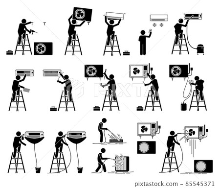 AC air conditioner installation, repair and service. Vector illustrations of air conditioning technician man installing, servicing, cleaning, and fixing air condition internal and external unit. 85545371