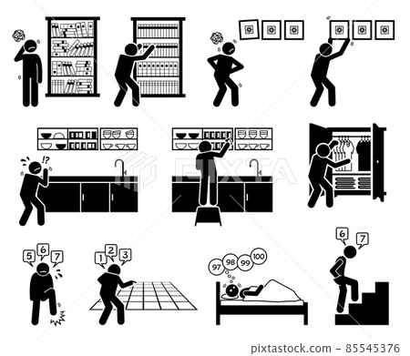 Obsessive compulsive disorder OCD. Symmetry symmetrical ordering orderliness arranging counting. Vector illustrations of people suffering with symmetrical obsessive compulsive mental disorder OCD. Obsessive compulsive disorder OCD. Symmetry symmetrical ordering orderliness arranging counting. Vector illustrations of people suffering with symmetrical obsessive compulsive mental disorder OCD. 85545376