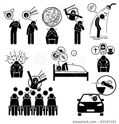 Obsessive compulsive disorder OCD. Ruminations intrusive thoughts Pure O mental disorder. Vector illustrations of people suffering with intrusive thoughts, self guilt, shame, harm, and impulse urge. Obsessive compulsive disorder OCD. Ruminations intrusive thoughts Pure O mental disorder. Vector illustrations of people suffering with intrusive thoughts, self guilt, shame, harm, and impulse urge. 85545381