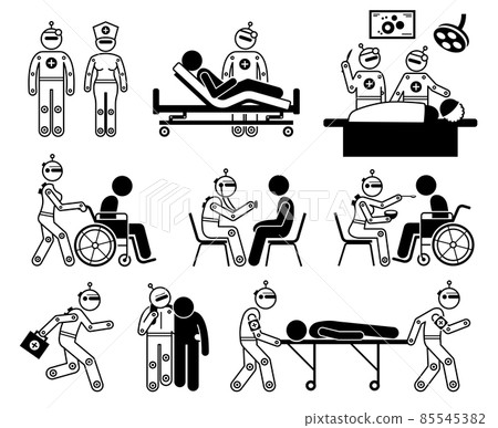 Robot healthcare worker and humanoid robotic caregiver. Vector illustrations of robot cyborg doctor, nurse, surgeon, caregiver, and paramedic. 85545382
