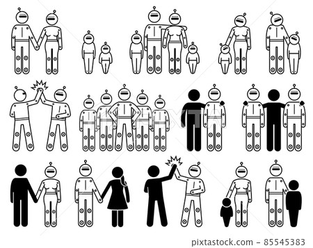 Robot android humanoid family and human. Vector illustrations of robot couple, family, friends, group, team, relationship, and cyborg parent. 85545383