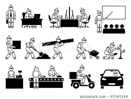 Robot humanoid industrial cyborg worker working in different industries. Vector illustrations of robot businessman, teacher, industrial worker, cashier, factory worker, transport driver, and rider. 85545384