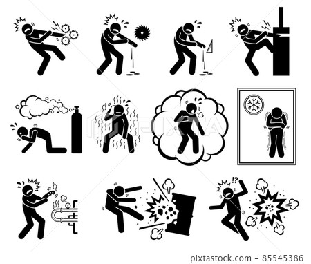 Warning sign, danger risk symbol, and safety precaution at workplace. Vector illustration pictogram of pinch point, sharp object, entrapment hazard, toxic gas, sub-zero, hot temperature and explosion. 85545386