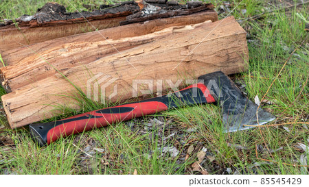 Ax lying on grass near wooden trunk. Steel tool 85545429