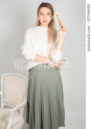 Young white european woman on grey Young white european woman on grey 85546690