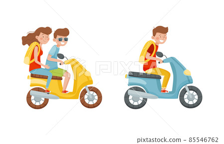 Young Man and Woman Tourist with with Backpack Riding Scooter Travelling on Vacation Vector Set Young Man and Woman Tourist with with Backpack Riding Scooter Travelling on Vacation Vector Set 85546762