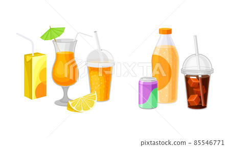 Fresh Orange Juice in Glass with Straw and Sparkling Water with Soda Can Vector Set 85546771