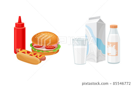 Fast Food with Hot Dog and Hamburger and Dairy Milk Foodstuff in Bottle and Carton Vector Set 85546772