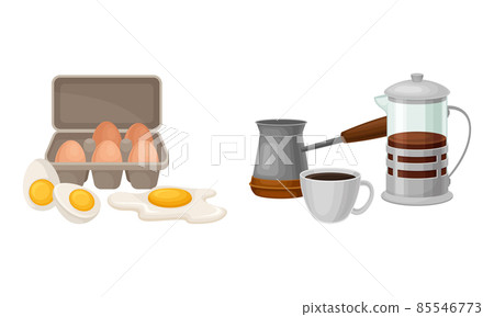 Eggs in Shell and Boiled with Brewed Coffee Drink in French Press and Jezve Vector Set 85546773