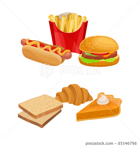Fast Food with French Fries and Hot Dog and Pastry Item with Bread Slice and Pie Vector Set 85546798