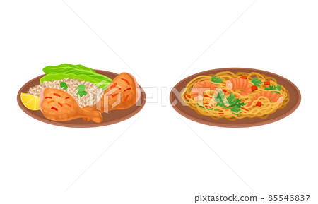Appetizing Thai Cuisine Dish with Shrimp and Noodle Rested on Plate Vector Set 85546837