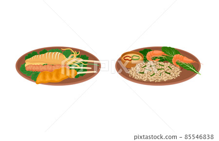 Appetizing Thai Cuisine Dish with Rice and Shrimp on Skewers Rested on Plate Vector Set Appetizing Thai Cuisine Dish with Rice and Shrimp on Skewers Rested on Plate Vector Set 85546838