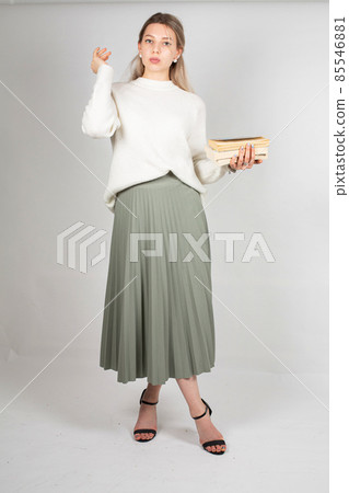 Young white european woman on grey Young white european woman on grey 85546881