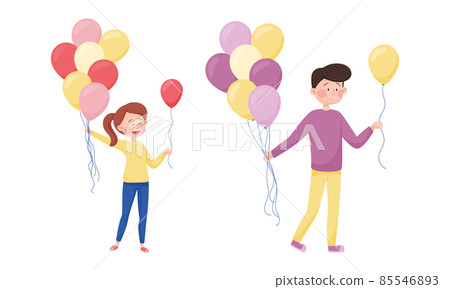Young Man and Woman Giving Balloon in the Street Vector Set 85546893