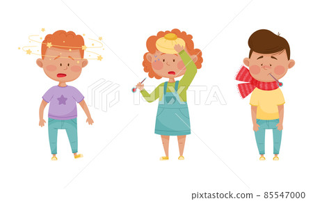 Sick Children Suffering from Common Disease Symptom Vector Set Sick Children Suffering from Common Disease Symptom Vector Set 85547000