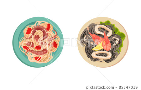 Noodles with Octopus and Shrimp as Seafood Dish Above View Vector Set 85547019