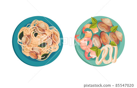 Noodles with Mussels and Shrimp with Squid as Seafood Dish Above View Vector Set Noodles with Mussels and Shrimp with Squid as Seafood Dish Above View Vector Set 85547020