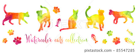 Set of colorful rainbow silhouettes of watercolor cat and paws isolated on white background. Set of colorful rainbow silhouettes of watercolor cat and paws isolated on white background. 85547285