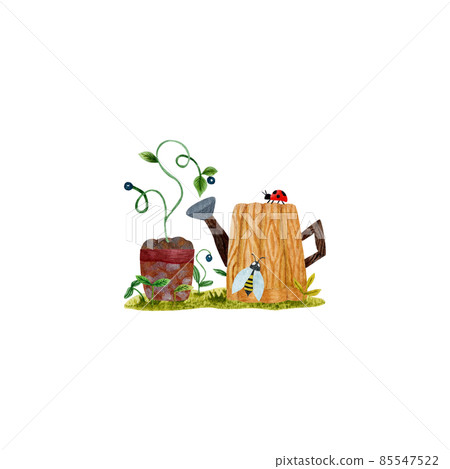watercolor illustration of a spring vegetable garden with a watering can (freehand) watercolor illustration of a spring vegetable garden with a watering can (freehand) 85547522