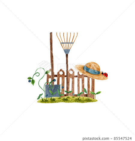 watercolor illustration of a spring vegetable garden with wooden fence and straw hat (freehand) watercolor illustration of a spring vegetable garden with wooden fence and straw hat (freehand) 85547524