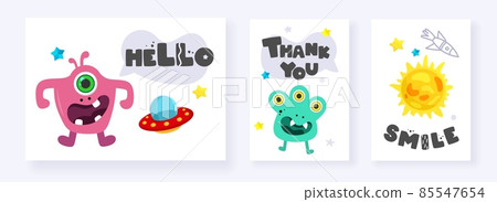 Funny Space Monster. Cute Alien, Planets, Rockets, UFOs. Postcards cards isolated on a white background. For souvenirs, textiles, office supplies. Vector illustration. 85547654
