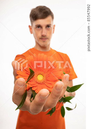 Young man with flower on white Young man with flower on white 85547992