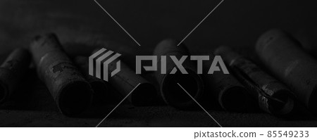 Bamboo charcoal sticks on coal powder black background..Powerful water purifier Bamboo charcoal sticks on coal powder black background..Powerful water purifier 85549233