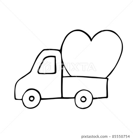 The truck is carrying big heart. The black childish outline, symbol for lovers and Valentines Day. A simple vector illustration for decoration. The truck is carrying big heart. The black childish outline, symbol for lovers and Valentines Day. A simple vector illustration for decoration. 85550754