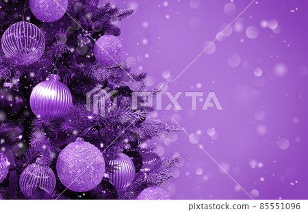 Christmas tree ornaments baubles lights violet purple background Christmas tree ornaments baubles lights violet purple background 85551096