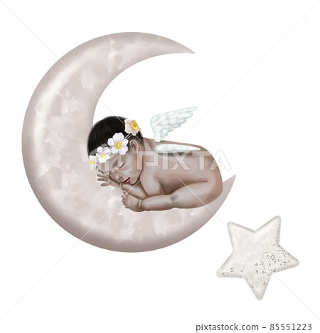 Watercolor illustration of a newborn baby sleeping on the moon. child with wings and wreath 85551223