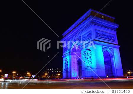 The Arc de Triomphe in Paris, illuminated in blue to commemorate France becoming the Presidency of the EU, taken on January 5, 2022 The Arc de Triomphe in Paris, illuminated in blue to commemorate France becoming the Presidency of the EU, taken on January 5, 2022 85551400