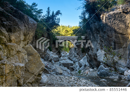ancient Roman bridge over a shady gorge in the Kesme Bogazi canyon, Turkey ancient Roman bridge over a shady gorge in the Kesme Bogazi canyon, Turkey 85551446