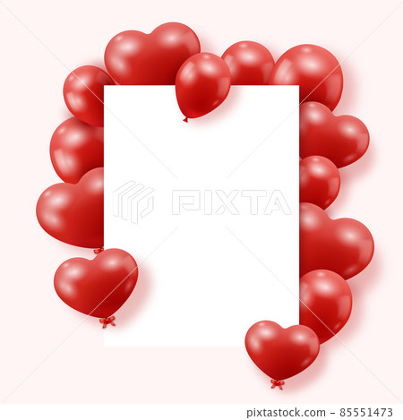 Valentines Day background with red heart shaped balloons. Festive rectangular frame with place for text. Holiday greeting card mock up Valentines Day background with red heart shaped balloons. Festive rectangular frame with place for text. Holiday greeting card mock up 85551473