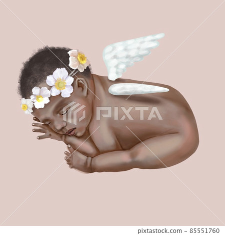 Watercolor newborn baby African American. an infant with white wings and white flowers on the head. 85551760