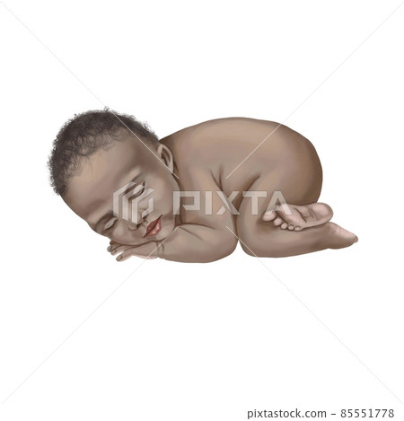 African American infant sleeping. Watercolor illustration of a newborn baby. 85551778