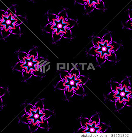 Illustration raster seamless pattern of mandalas in shiny glowing lilac color on dark black Illustration raster seamless pattern of mandalas in shiny glowing lilac color on dark black 85551802