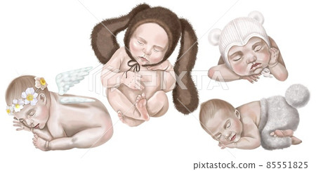 Watercolor set of newborn children. cute babies isolated on a white background. baby shower. 85551825