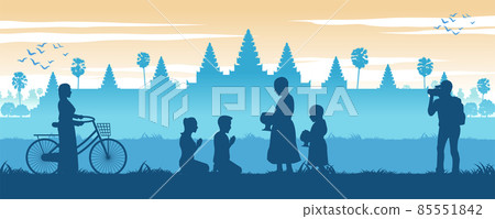 Asean scenery country background of Cambodia with Angkor wat and monk walk to recieve food while tourist take photos 85551842