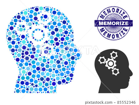 Textured MEMORIZE Round Guilloche Stamp and Brain Mechanics Collage Icon of Round Dots 85552346