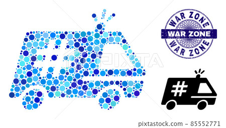 Grunge WAR ZONE Round Guilloche Seal and Jail Police Car Mosaic Icon of Round Dots 85552771