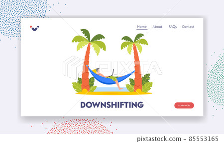Downshifting Landing Page Template. Handsome Businessman Lying on Hammock at Palm Trees on Exotic Tropical Beach Downshifting Landing Page Template. Handsome Businessman Lying on Hammock at Palm Trees on Exotic Tropical Beach 85553165