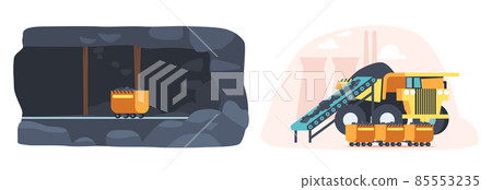 Coal Mining Interior, Quarry with Heavy Industrial Machinery and Transport. Dump Truck Loading Charcoal or Metal Ore Coal Mining Interior, Quarry with Heavy Industrial Machinery and Transport. Dump Truck Loading Charcoal or Metal Ore 85553235