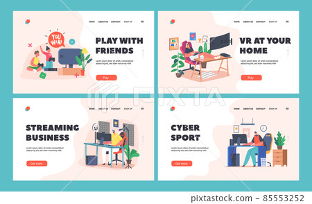 Teenagers and Kids Gamers Playing Computer Games Landing Page Template Set. Characters Wear Headset or Vr Glasses 85553252