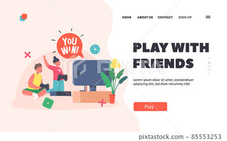 Kids Virtual Reality Entertainment Landing Page Template. Gaming Fun, Hobby. Little Boy and Girl Playing Video Games 85553253