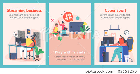 Teenagers and Kids Gamers Playing Computer Games Cartoon Posters. Characters in Headset or Vr Glasses Sit at Pc Desktops Teenagers and Kids Gamers Playing Computer Games Cartoon Posters. Characters in Headset or Vr Glasses Sit at Pc Desktops 85553259
