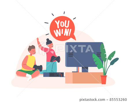 Kids Virtual Reality Entertainment, Gaming Fun, Hobby. Little Boy and Girl Playing Video Games. Happy Children Fun 85553260